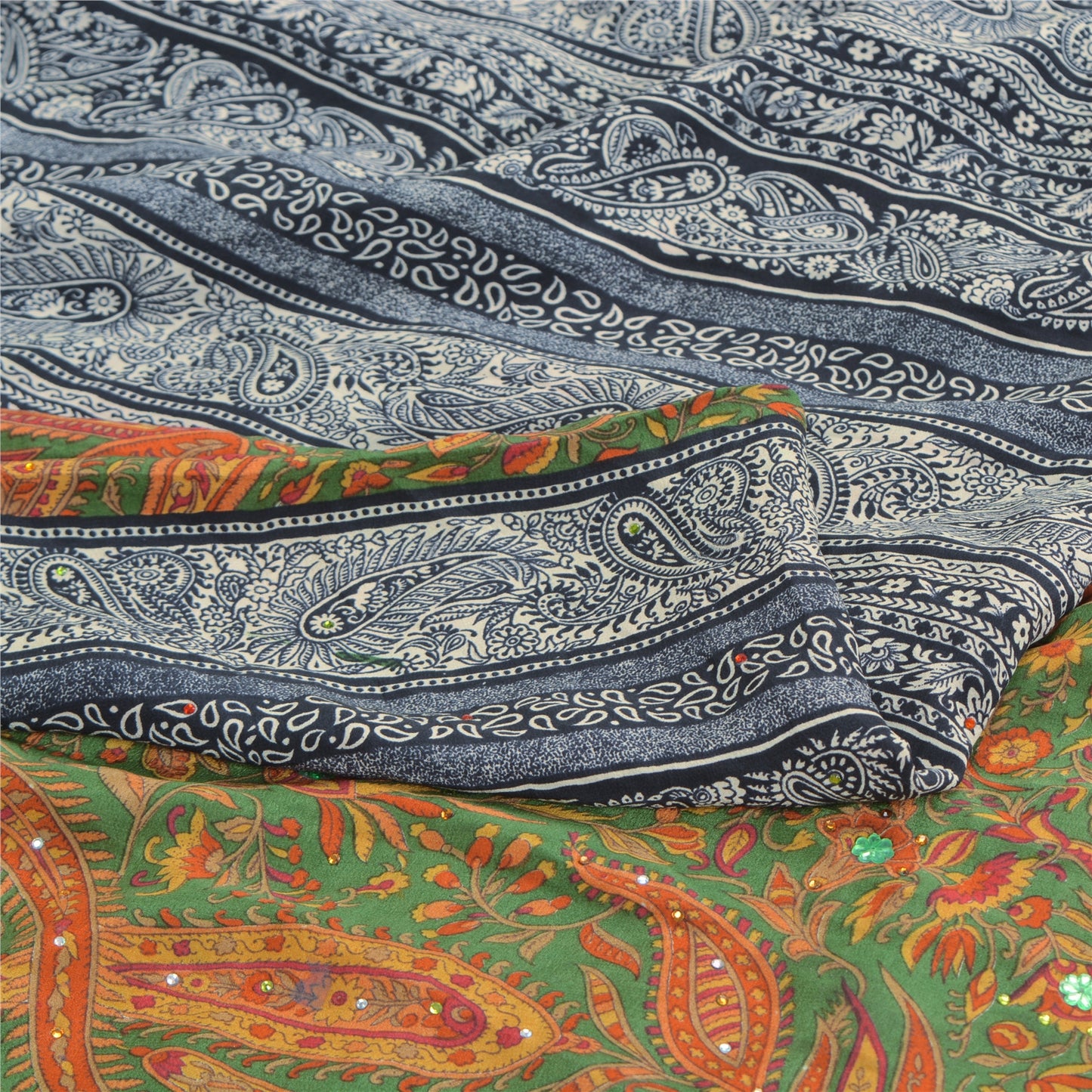 Санскритские винтажные сари с несколькими ручными бусинами, напечатанные из чистого крепа, сари, ремесло, устойчивая ткань