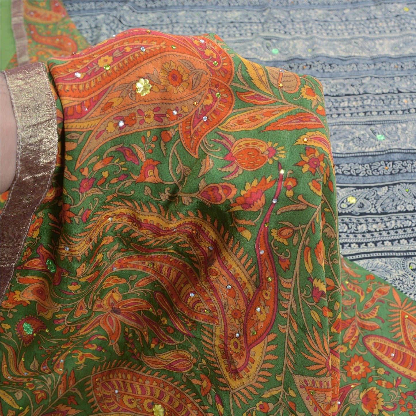 Санскритские винтажные сари с несколькими ручными бусинами, напечатанные из чистого крепа, сари, ремесло, устойчивая ткань