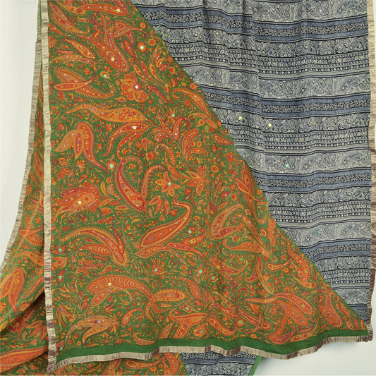 Sanskriti Vintage Sarees Multi Hand Beaded Printed Pure Crepe Sari Craft Sustainable Fabric