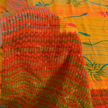 Sanskriti Vintage Sarees Indian Yellow Pure Crepe Silk Printed Sari Craft Sustainable Fabric