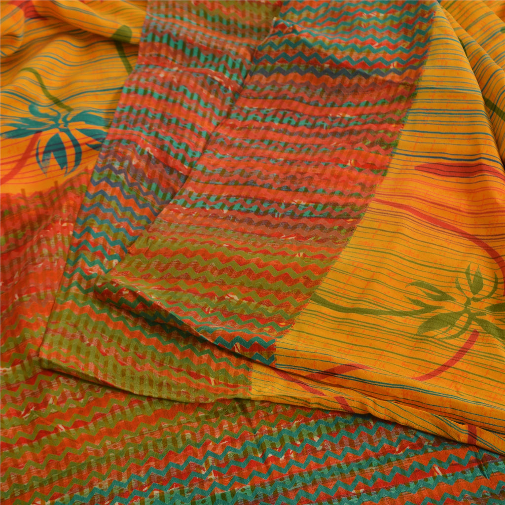 Sanskriti Vintage Sarees Indian Yellow Pure Crepe Silk Printed Sari Craft Sustainable Fabric