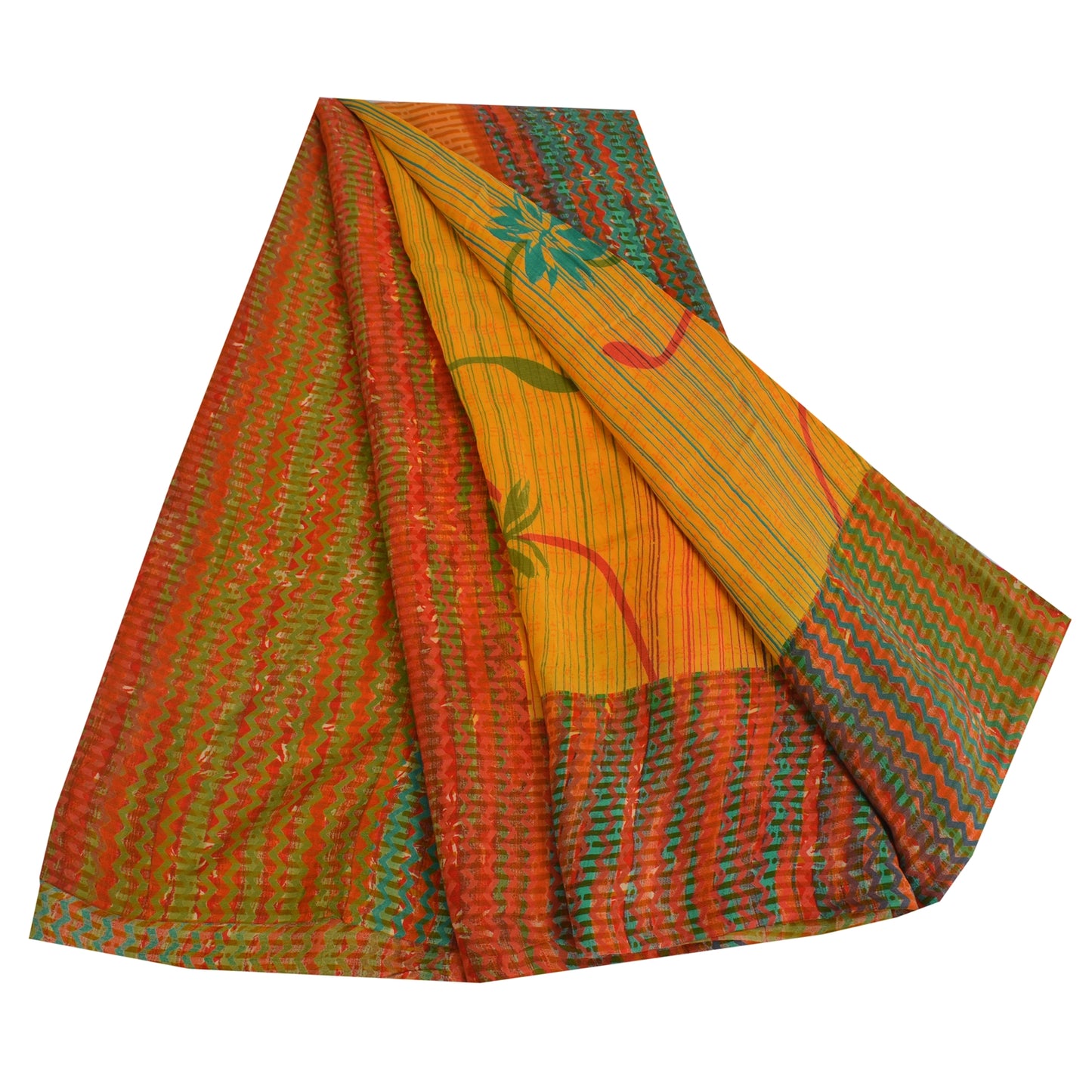 Sanskriti Vintage Sarees Indian Yellow Pure Crepe Silk Printed Sari Craft Sustainable Fabric