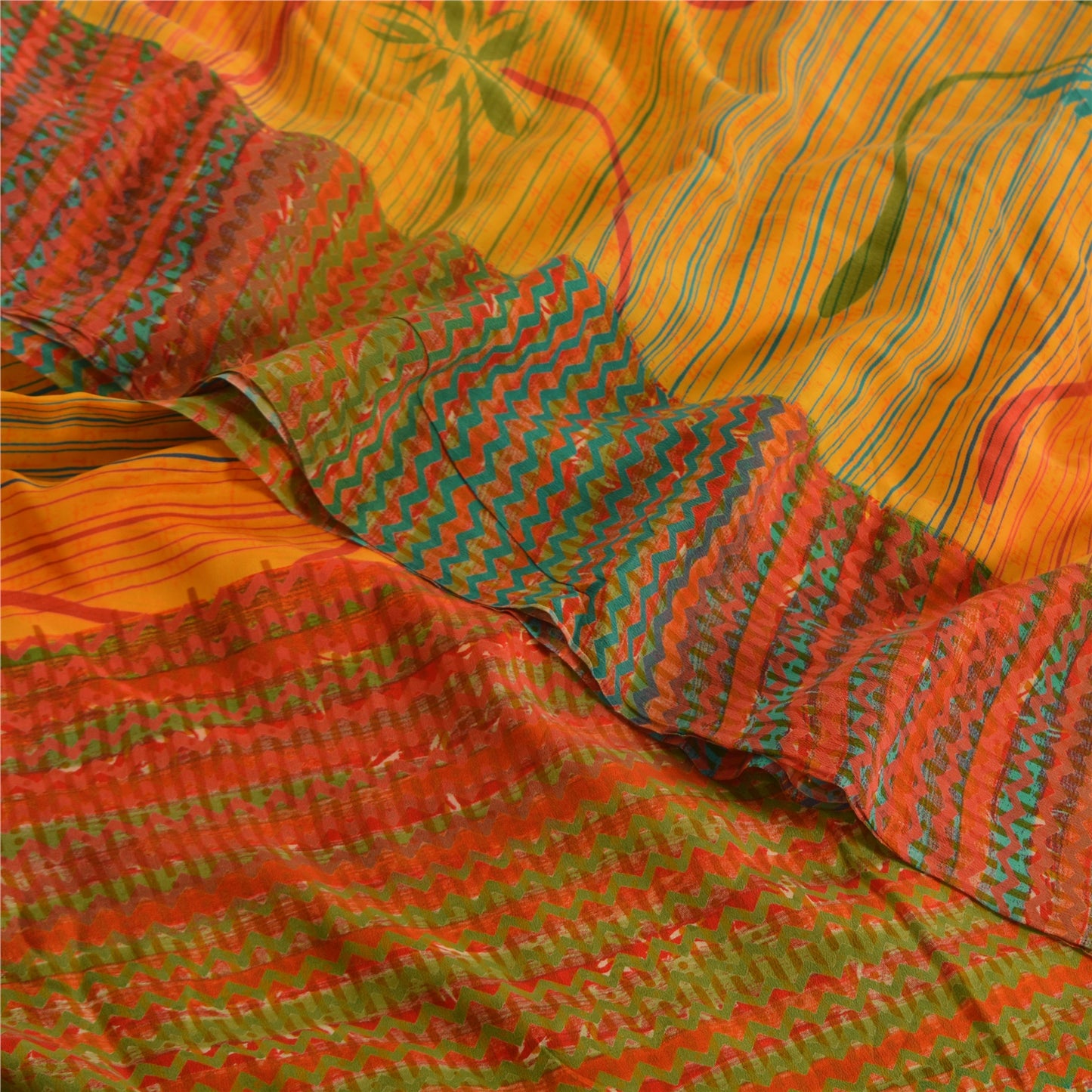 Sanskriti Vintage Sarees Indian Yellow Pure Crepe Silk Printed Sari Craft Sustainable Fabric