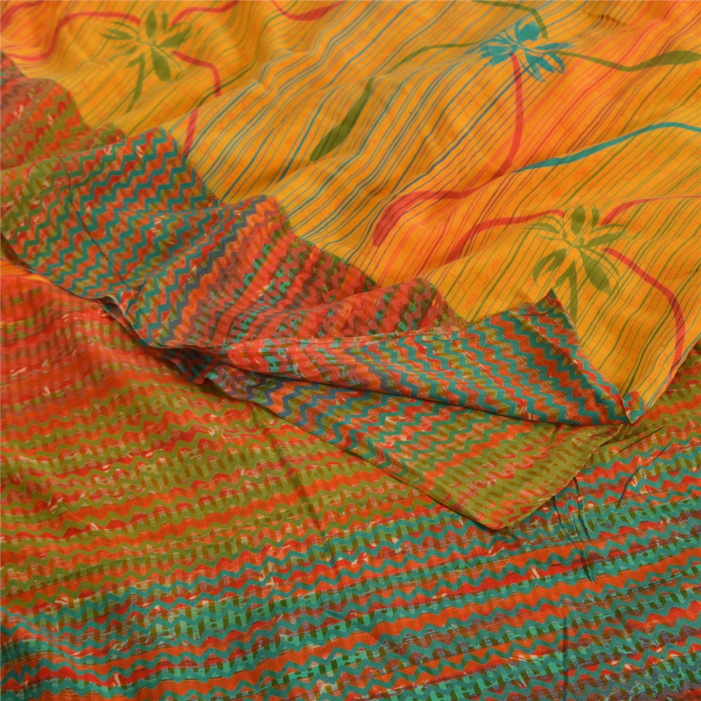 Sanskriti Vintage Sarees Indian Yellow Pure Crepe Silk Printed Sari Craft Sustainable Fabric