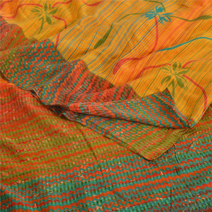 Sanskriti Vintage Sarees Indian Yellow Pure Crepe Silk Printed Sari Craft Sustainable Fabric