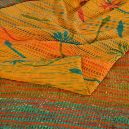 Sanskriti Vintage Sarees Indian Yellow Pure Crepe Silk Printed Sari Craft Sustainable Fabric