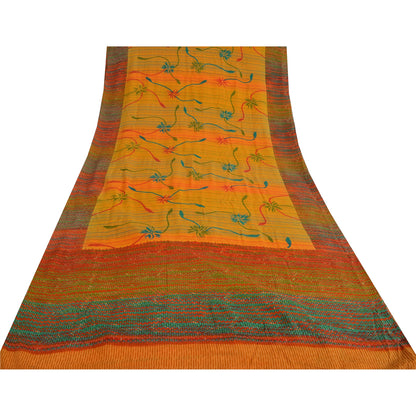Sanskriti Vintage Sarees Indian Yellow Pure Crepe Silk Printed Sari Craft Sustainable Fabric
