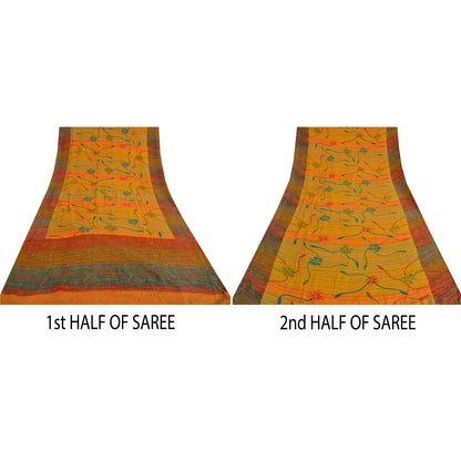 Sanskriti Vintage Sarees Indian Yellow Pure Crepe Silk Printed Sari Craft Sustainable Fabric