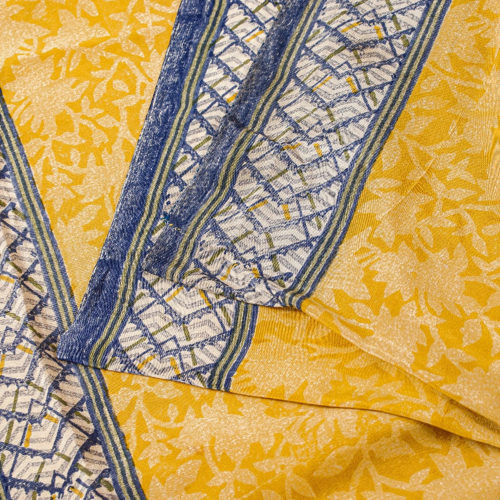 Sanskriti Vintage Sarees Yellow/Gray Pure Crepe Silk Printed Sari Craft Sustainable Fabric