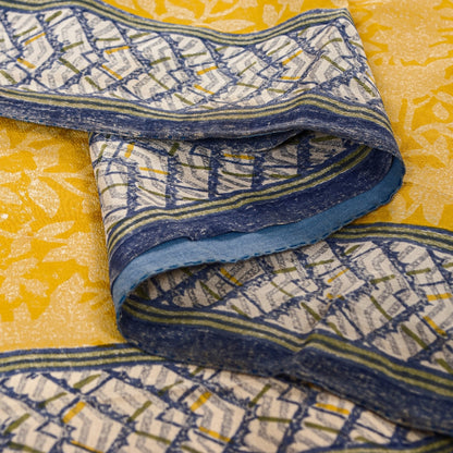 Sanskriti Vintage Sarees Yellow/Gray Pure Crepe Silk Printed Sari Craft Sustainable Fabric