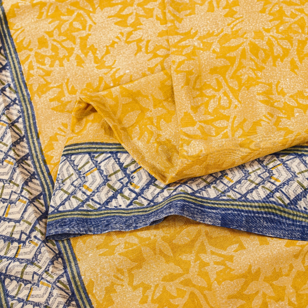 Sanskriti Vintage Sarees Yellow/Gray Pure Crepe Silk Printed Sari Craft Sustainable Fabric