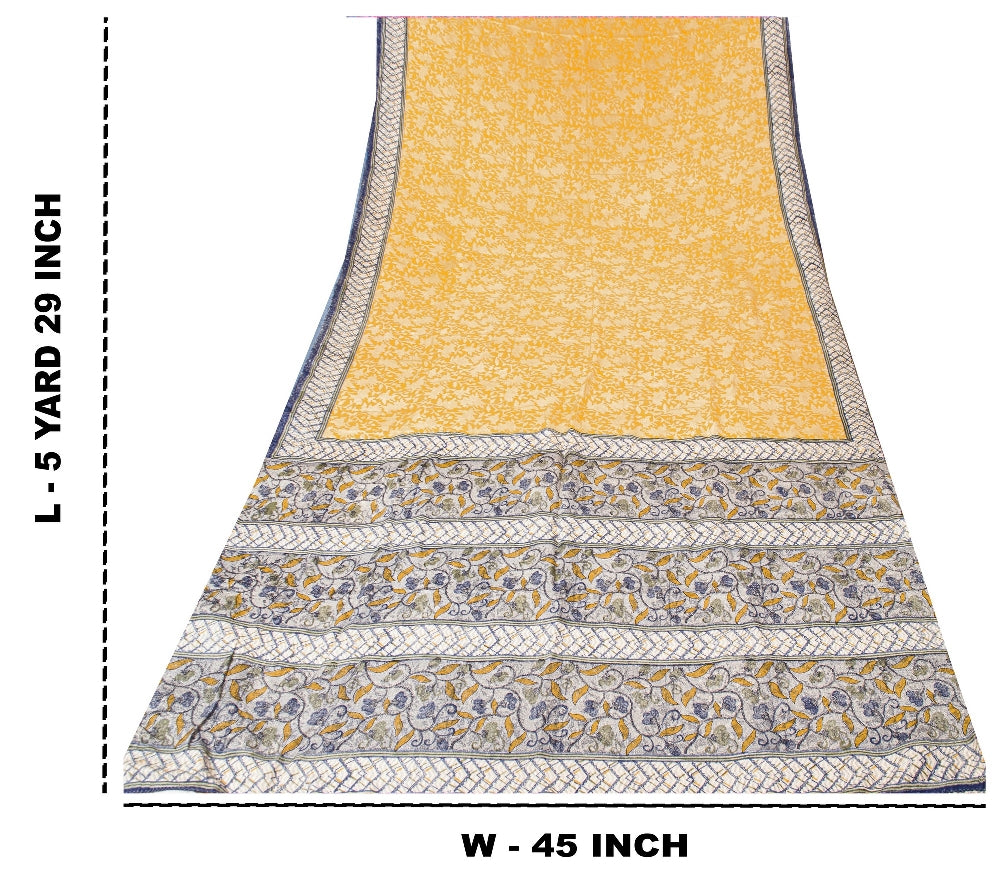 Sanskriti Vintage Sarees Yellow/Gray Pure Crepe Silk Printed Sari Craft Sustainable Fabric