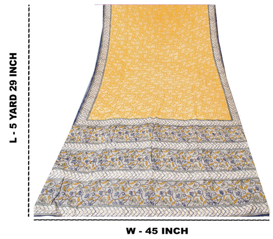 Sanskriti Vintage Sarees Yellow/Gray Pure Crepe Silk Printed Sari Craft Sustainable Fabric