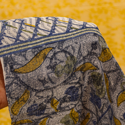 Sanskriti Vintage Sarees Yellow/Gray Pure Crepe Silk Printed Sari Craft Sustainable Fabric