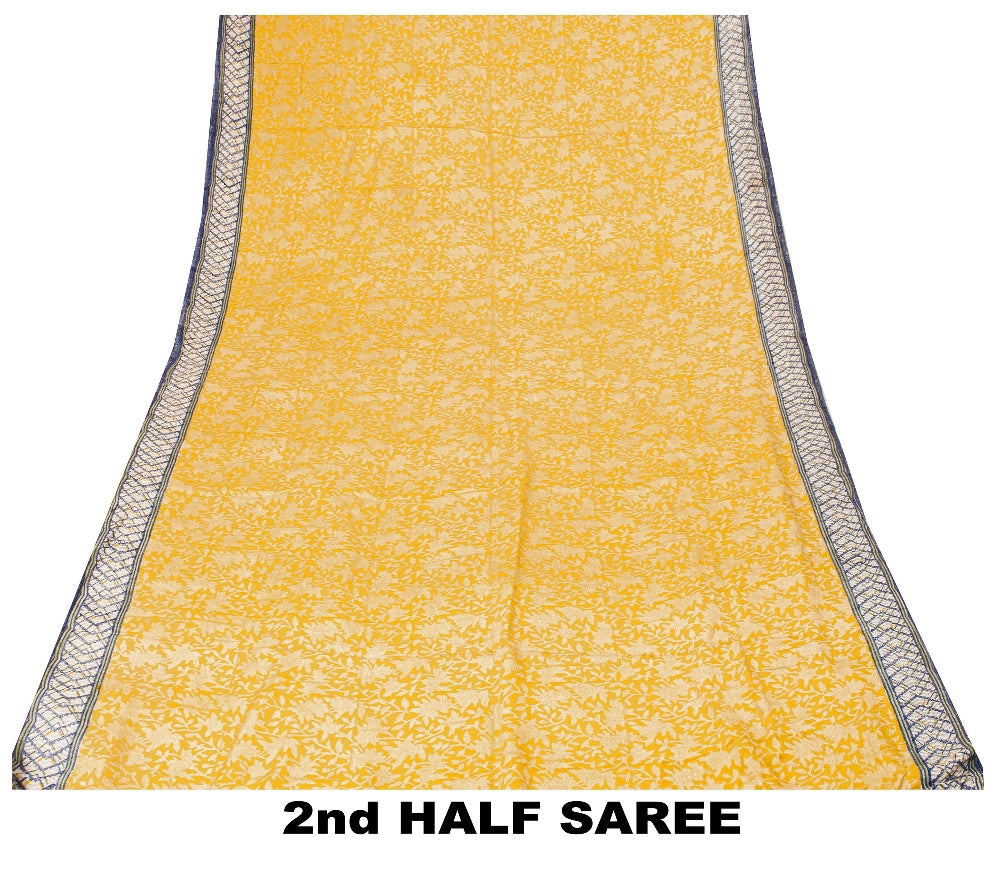 Sanskriti Vintage Sarees Yellow/Gray Pure Crepe Silk Printed Sari Craft Sustainable Fabric