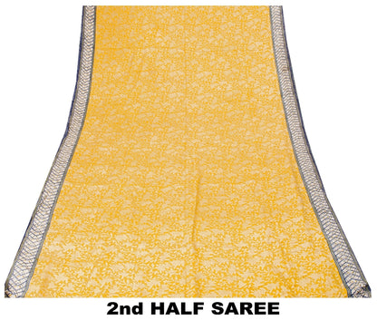 Sanskriti Vintage Sarees Yellow/Gray Pure Crepe Silk Printed Sari Craft Sustainable Fabric
