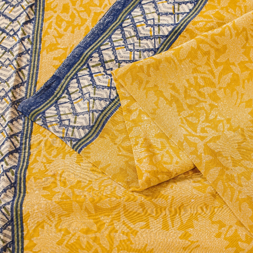 Sanskriti Vintage Sarees Yellow/Gray Pure Crepe Silk Printed Sari Craft Sustainable Fabric