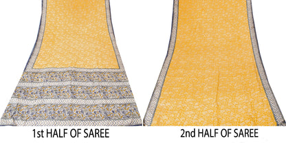 Sanskriti Vintage Sarees Yellow/Gray Pure Crepe Silk Printed Sari Craft Sustainable Fabric