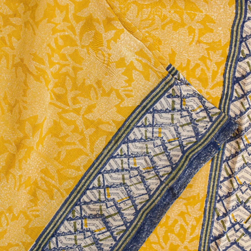 Sanskriti Vintage Sarees Yellow/Gray Pure Crepe Silk Printed Sari Craft Sustainable Fabric