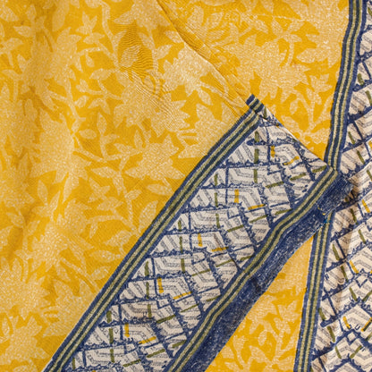 Sanskriti Vintage Sarees Yellow/Gray Pure Crepe Silk Printed Sari Craft Sustainable Fabric