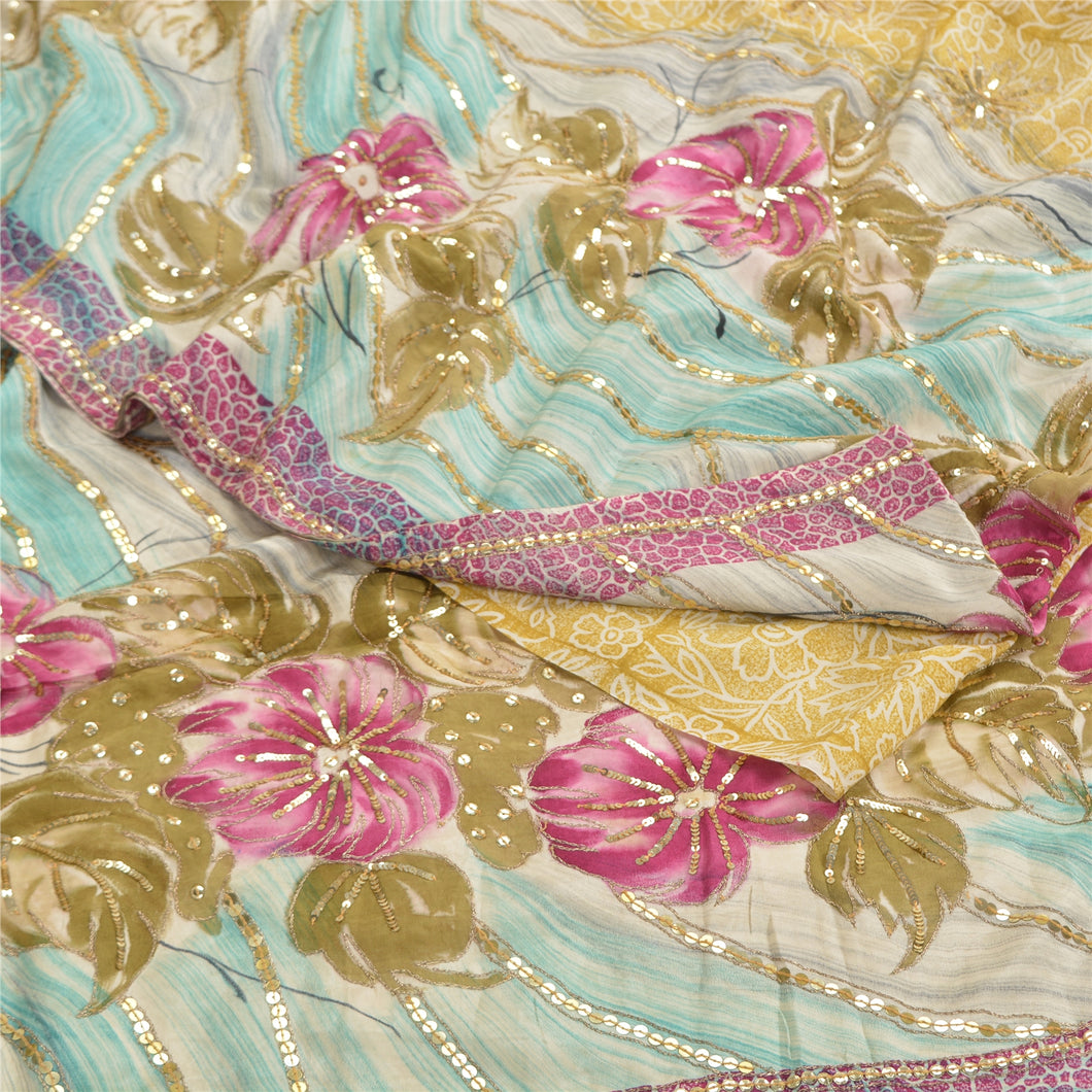 Sanskriti Vintage Sarees Cream Embroidered Printed Pure Crepe Sari Craft Fabric