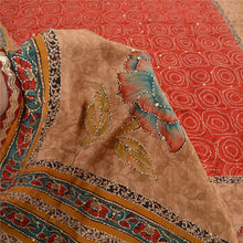 Load image into Gallery viewer, Sanskriti Vintage Sarees Red Hand Bead Kantha Pure Crepe Silk Sari Craft Fabric
