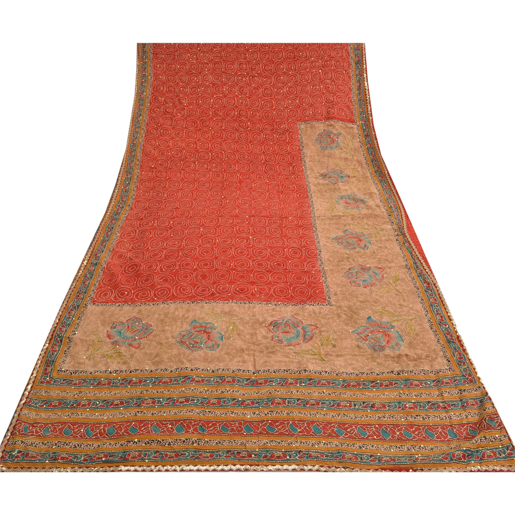 Sanskriti Vintage Sarees Red Hand Bead Kantha Pure Crepe Silk Sari Craft Fabric