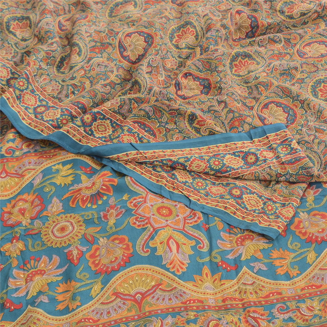 Sanskriti Vintage Sarees Blue 100% Pure Crepe Silk Printed Sari 5yd Craft Fabric