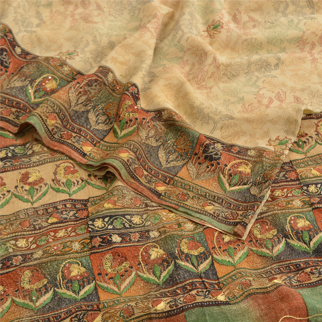 Sanskriti Vintage Sarees Cream 100% Pure Crepe Silk Print Sari 5yd Craft Fabric