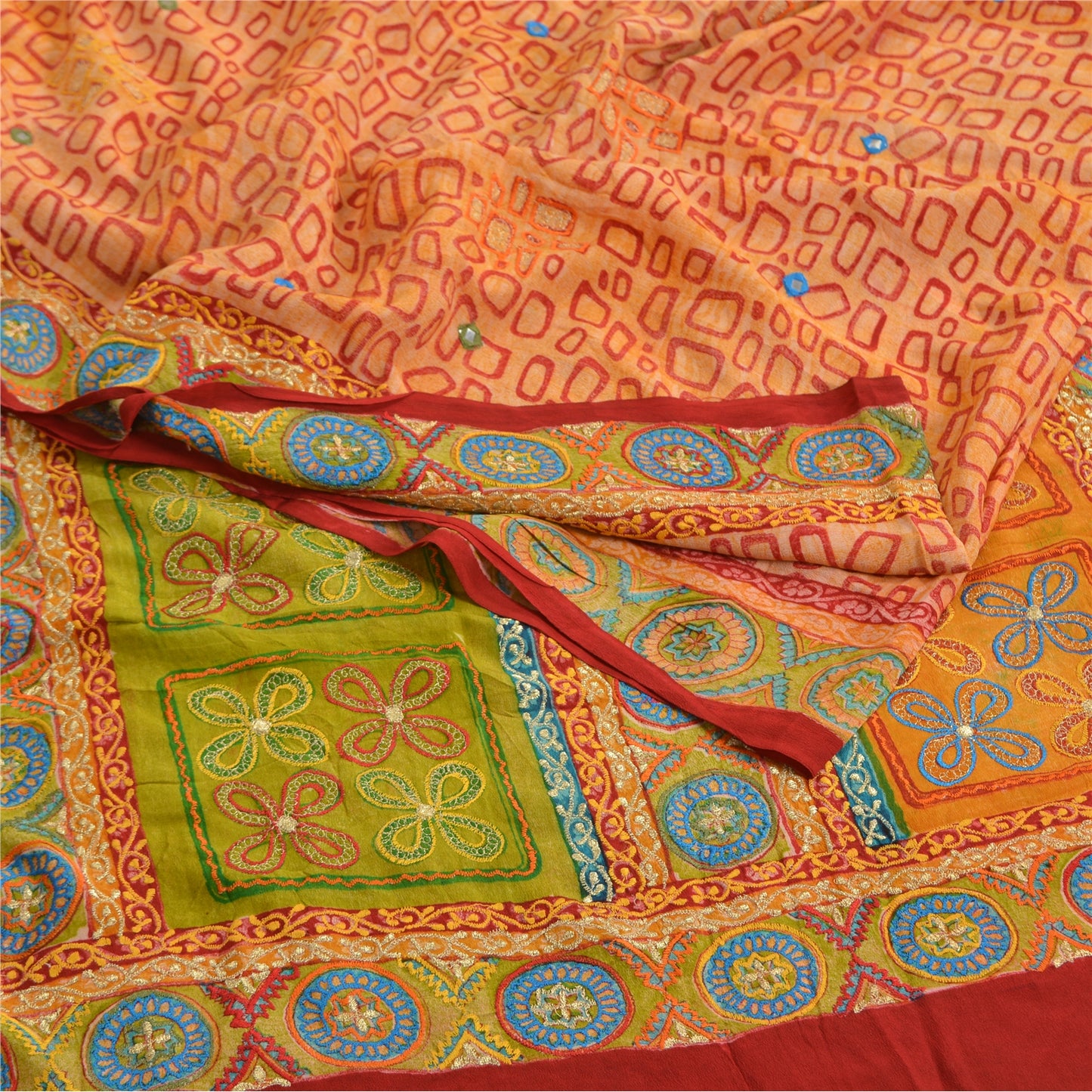 Sanskriti Vintage Sarees Orange Embroidered Pure Crepe Printed Sari Craft Sustainable Fabric