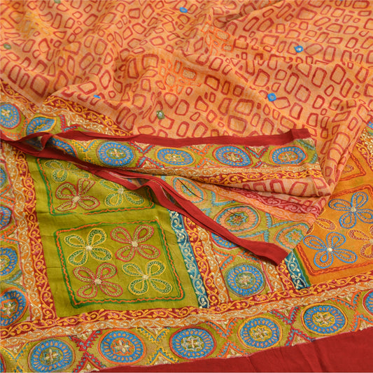 Sanskriti Vintage Sarees Orange Embroidered Pure Crepe Printed Sari Craft Sustainable Fabric
