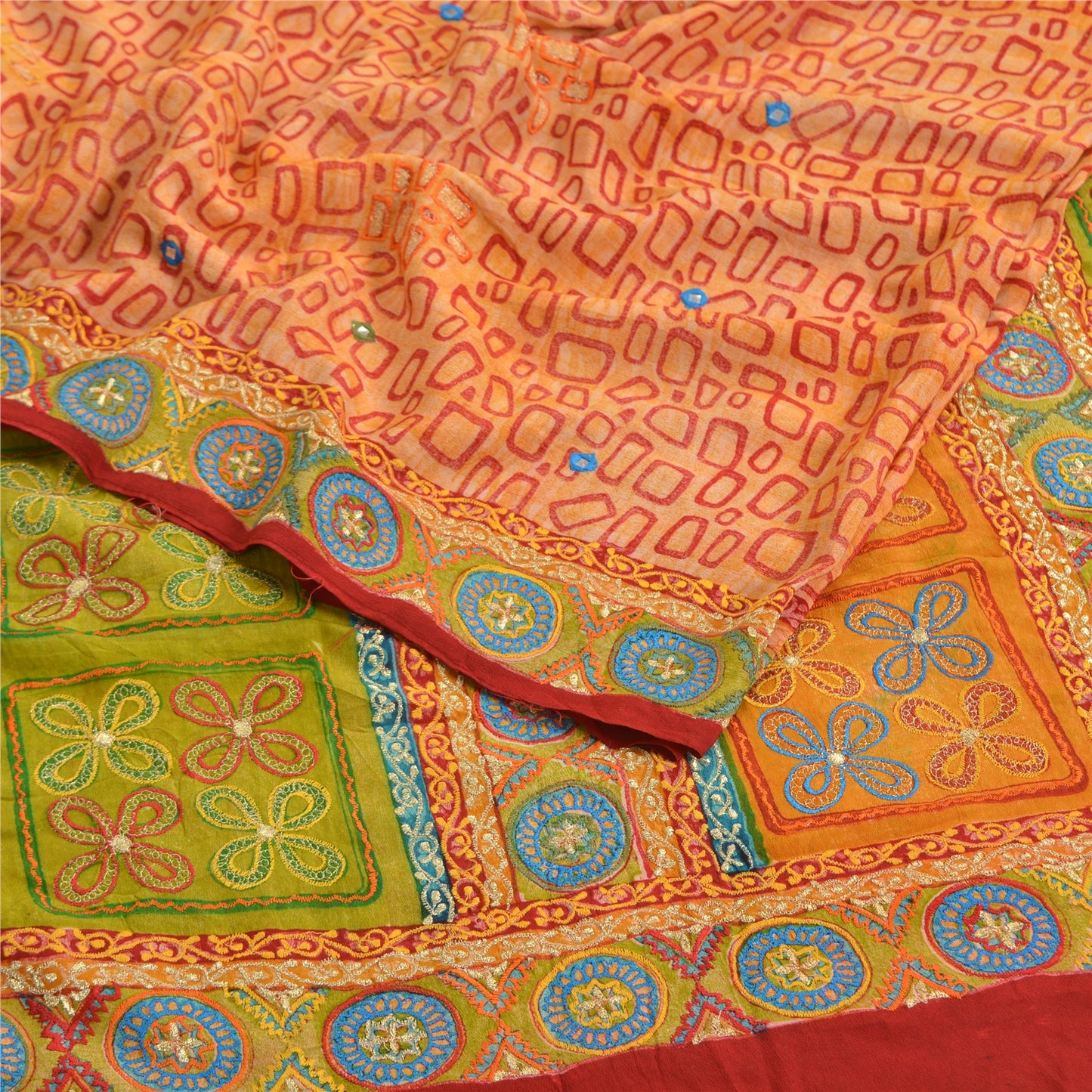 Sanskriti Vintage Sarees Orange Embroidered Pure Crepe Printed Sari Craft Sustainable Fabric