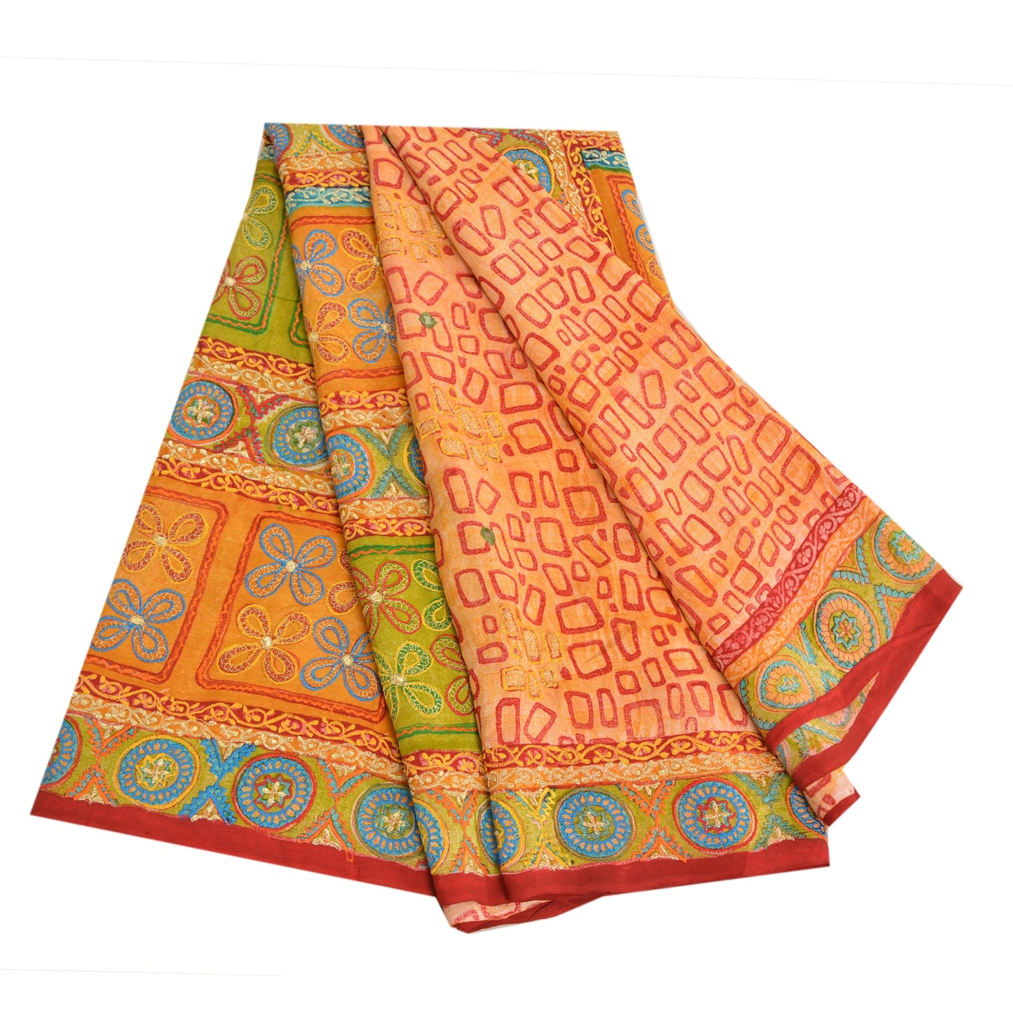 Sanskriti Vintage Sarees Orange Embroidered Pure Crepe Printed Sari Craft Sustainable Fabric