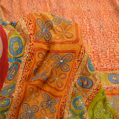 Sanskriti Vintage Sarees Orange Embroidered Pure Crepe Printed Sari Craft Sustainable Fabric