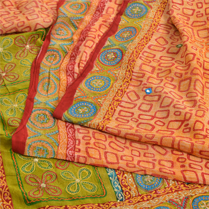 Sanskriti Vintage Sarees Orange Embroidered Pure Crepe Printed Sari Craft Sustainable Fabric
