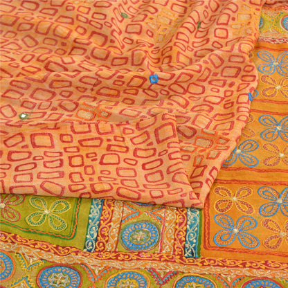 Sanskriti Vintage Sarees Orange Embroidered Pure Crepe Printed Sari Craft Sustainable Fabric