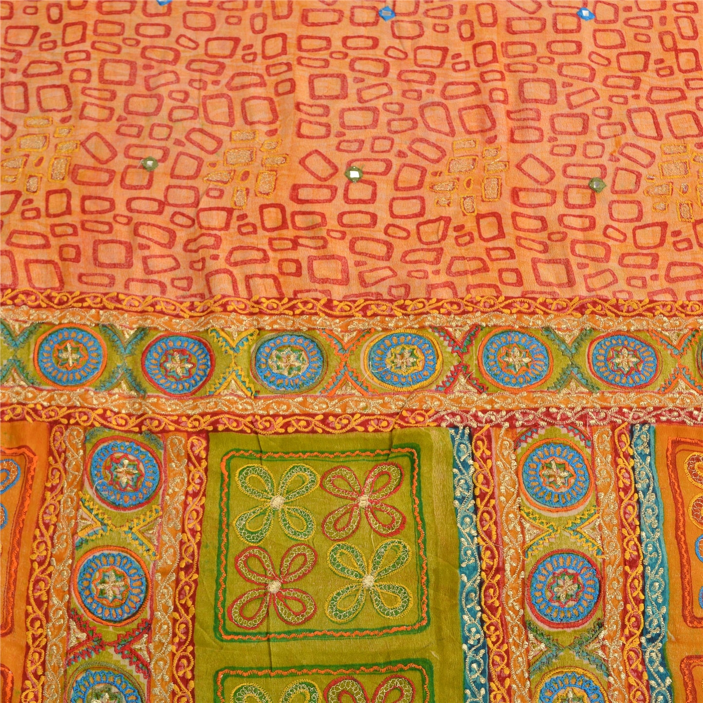 Sanskriti Vintage Sarees Orange Embroidered Pure Crepe Printed Sari Craft Sustainable Fabric