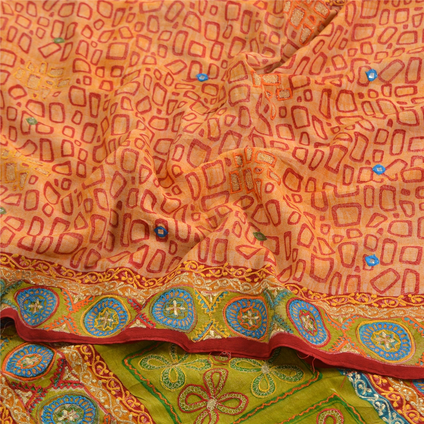 Sanskriti Vintage Sarees Orange Embroidered Pure Crepe Printed Sari Craft Sustainable Fabric