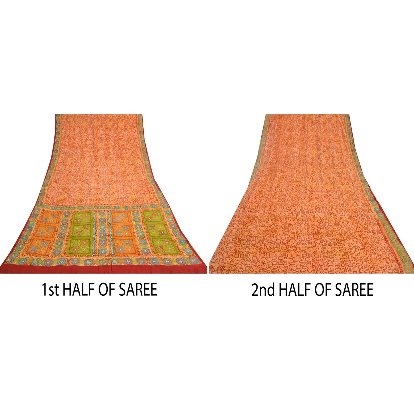 Sanskriti Vintage Sarees Orange Embroidered Pure Crepe Printed Sari Craft Sustainable Fabric