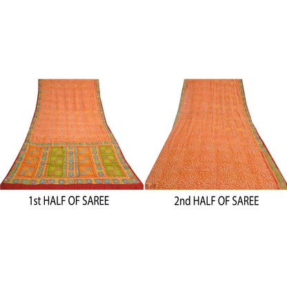 Sanskriti Vintage Sarees Orange Embroidered Pure Crepe Printed Sari Craft Sustainable Fabric