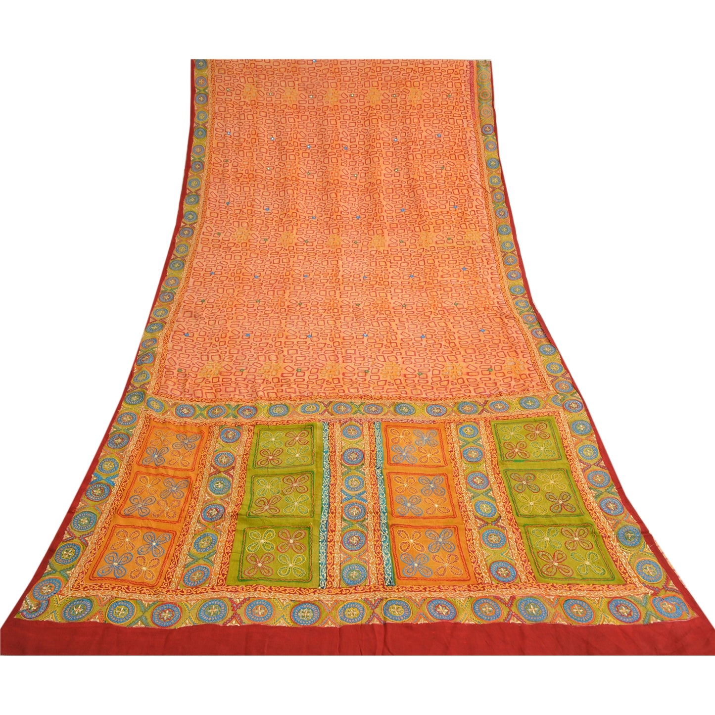 Sanskriti Vintage Sarees Orange Embroidered Pure Crepe Printed Sari Craft Sustainable Fabric