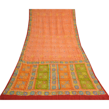 Sanskriti Vintage Sarees Orange Embroidered Pure Crepe Printed Sari Craft Sustainable Fabric