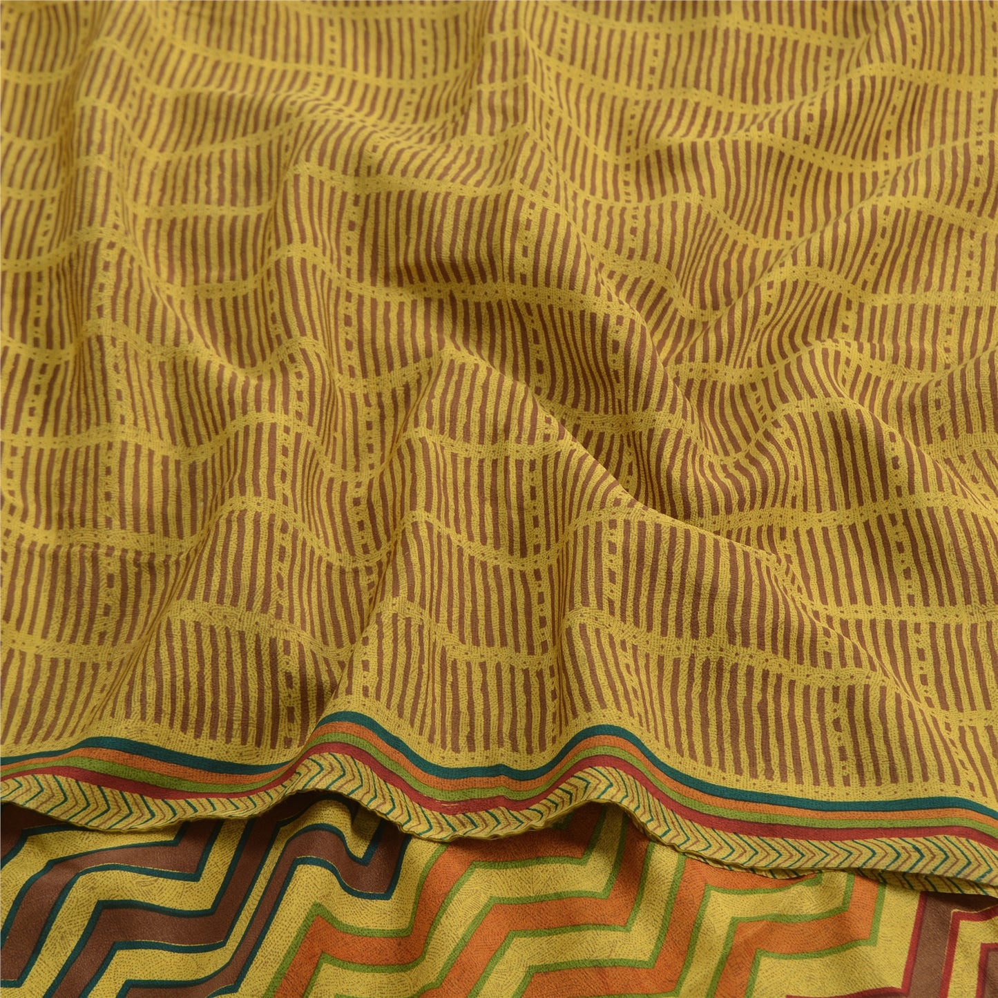 Sanskriti Vintage Sarees Heena-Green Pure Crepe Silk Print Sari 5yd Craft Sustainable Fabric