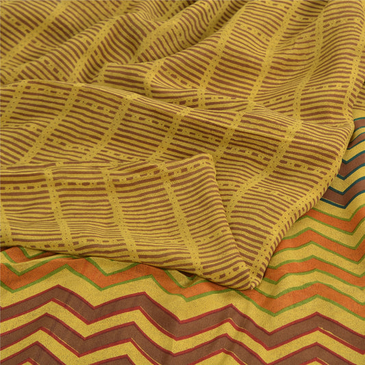 Sanskriti Vintage Sarees Heena-Green Pure Crepe Silk Print Sari 5yd Craft Sustainable Fabric