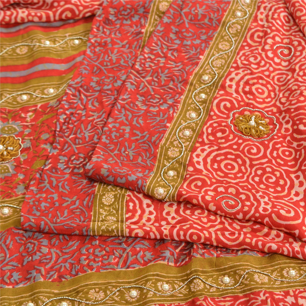 Sanskriti Vintage Sarees Red Hand Beaded Applique Print Pure Crepe Sari Fabric