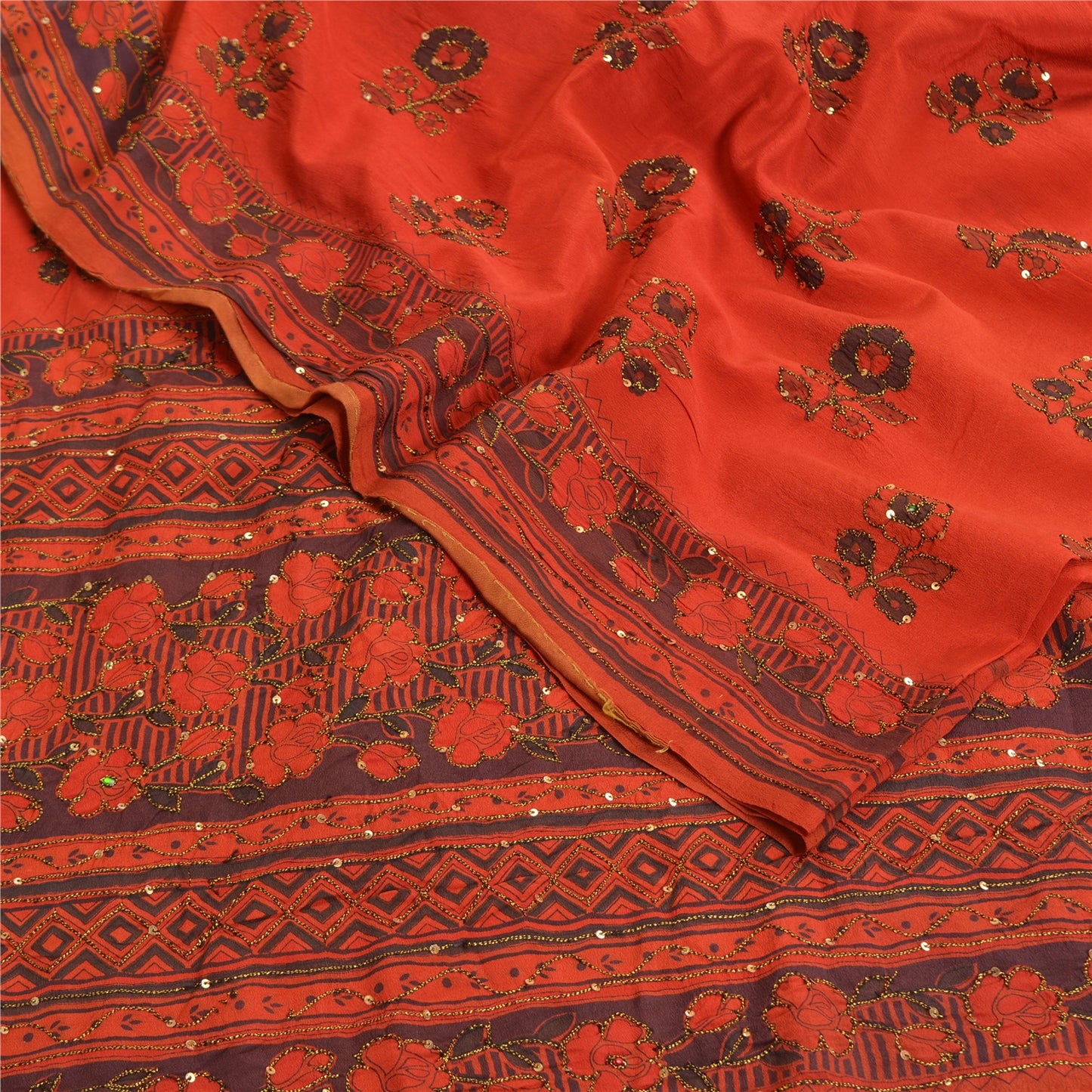 Sanskriti Vintage Sarees Indian Orange Hand Beaded Pure Crepe Sari Craft Sustainable Fabric