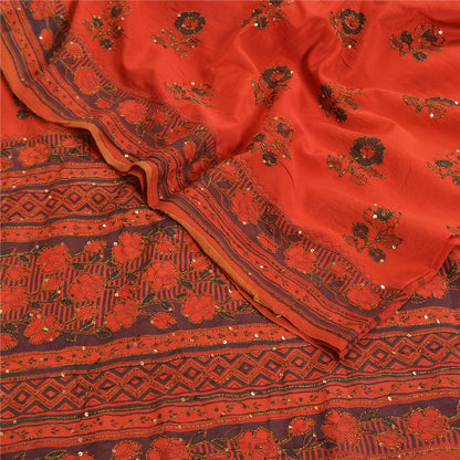 Sanskriti Vintage Sarees Indian Orange Hand Beaded Pure Crepe Sari Craft Sustainable Fabric