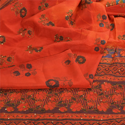 Sanskriti Vintage Sarees Indian Orange Hand Beaded Pure Crepe Sari Craft Sustainable Fabric