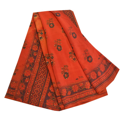 Sanskriti Vintage Sarees Indian Orange Hand Beaded Pure Crepe Sari Craft Sustainable Fabric