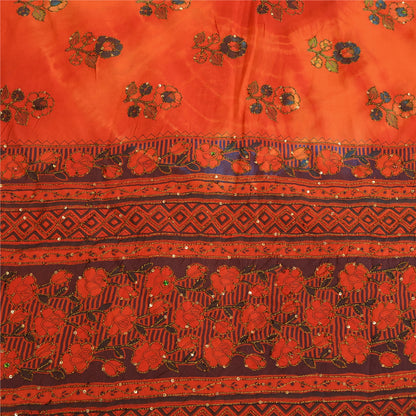 Sanskriti Vintage Sarees Indian Orange Hand Beaded Pure Crepe Sari Craft Sustainable Fabric